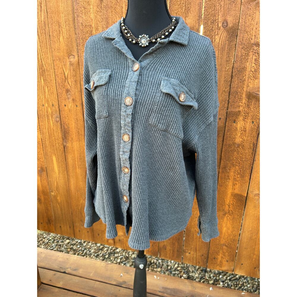 Oversized Waffle Knit Shacket Button Down Shirt Jacket Gray Size M